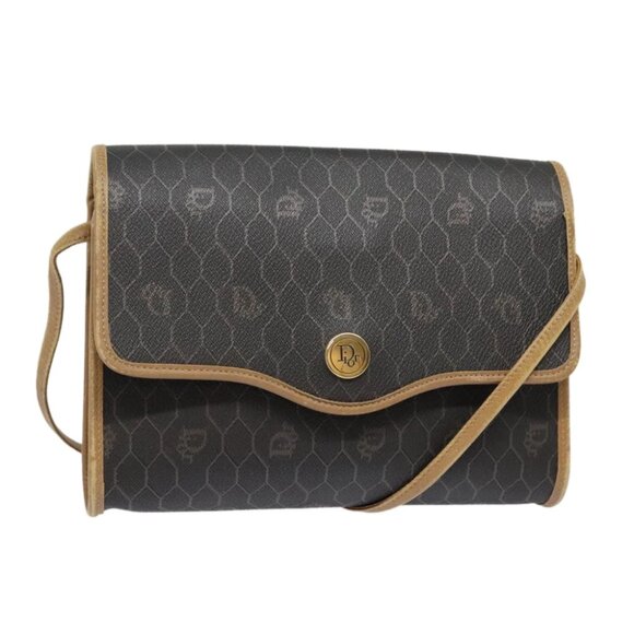 Christian Dior Honeycomb Canvas Shoulder Bag PVC Leather Black Gold Auth 94857 - Picture 1 of 14